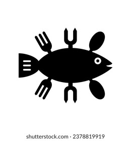 Empty clean silhouette of fish with cutlery for cooking including spoon fork and kitchen spatula. Vector design with place for text.