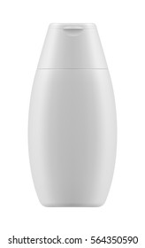 Empty and clean white bottle with cap for shampoo. Realistic 3d blank template plastic container for wash shower gel. Mock-up of package for cosmetic product. Vector illustration.