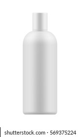 Empty and clean white bottle with cap for shampoo. Realistic 3d blank template plastic container for wash shower gel. Mock-up of package for cosmetic product. Vector illustration.