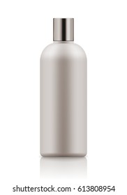 Empty and clean white bottle with cap for shampoo. Realistic 3d blank template plastic container for wash shower gel. Mock-up of package for cosmetic product. Vector illustration.