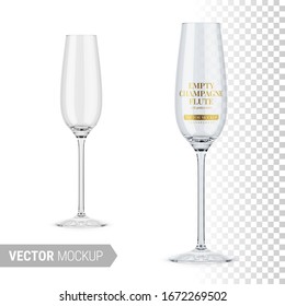 Empty clear champagne flute. Editable glass color. Contains gold layer and accurate mesh to wrap your design with envelope distortion. Photo-realistic packaging mockup template with sample design.