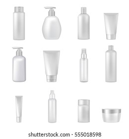 Empty clear cosmetics bottles jars tubes sprays dispensers for beauty and health products realistic images collection vector illustration  