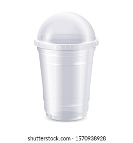 Empty clear disposable plastic cup with lid. Transparent Container for juice fresh, milkshake and lemonade. Vector Illustration isolated on white background, Mock Up template