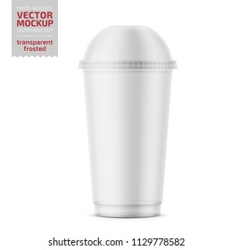 Empty clear frosted plastic disposable cup with dome lid for cold beverage - soda, ice tea or coffee, cocktail, milkshake, juice. 450 ml. Realistic packaging mockup template. Vector illustration.