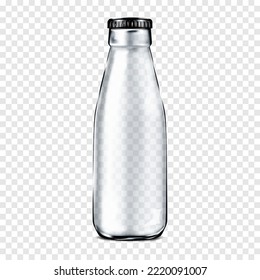 Empty clear glass bottle with black cap on transparent background realistic vector mock-up. Drink packaging mockup