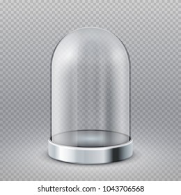 Empty Clear Glass Cylinder Showcase Dome Isolated On Transparent Background Vector Illustration. Exhibition Glass Showcase, Container Transparent Dome