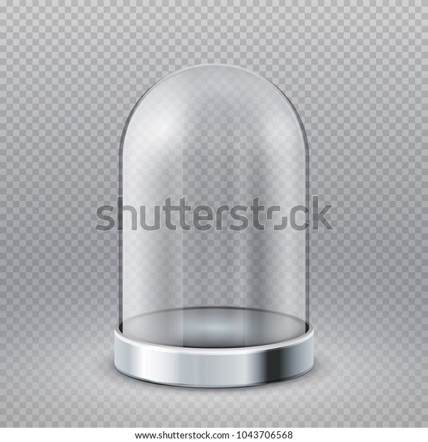 Empty clear glass cylinder\
showcase dome isolated on transparent background vector\
illustration. Exhibition glass showcase, container transparent\
dome