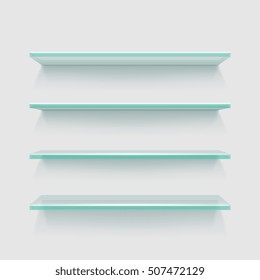 Empty clear glass store expo shelves, showcase product display vector illustration