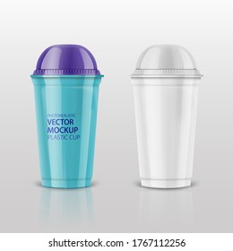 Empty Clear Plastic Disposable Cup With Dome Lid For Cold Beverage - Soda, Ice Tea Or Coffee, Cocktail, Milkshake, Juice. 450 Ml. Realistic Packaging Mockup Template. Front View. Vector Illustration.