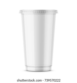 Empty clear plastic disposable cup with lid for cold beverage -soda, ice tea or coffee, cocktail, milkshake, juice. 450 ml. Realistic packaging mockup template. Front view. Vector illustration. svg