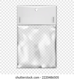 Empty clear plastic pouch bag with white blank paper top and hanging hole mockup. Transparent nylon package vector mock-up