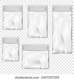 Empty clear plastic pouch bag with white blank paper top on staples. Vector mock-up set. Transparent nylon package with label space kit mockup