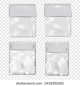 Empty clear plastic pouch bag with blank paper top vector mockup set. Transparent nylon package vector mock-up kit. PVC envelope sleeve package collection template