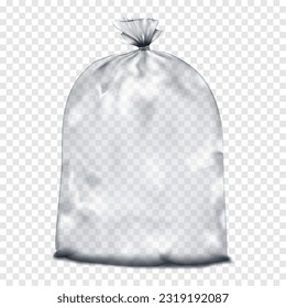 Empty clear tied plastic bag on transparent background realistic vector mockup. Packaging pouch, package. Trash liner mock-up