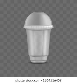 Empty clear transparent disposable plastic cup with closed dome lid and cap. Packing templates and mockups of realistic 3d containers for liquid beverage and drink, vector illustration.