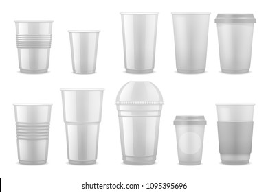 Empty clear white plastic disposable cups, takeaway containers for cold beverage, soda, tea and coffee vector template isolated. Illustration of cup and mug takeaway, clear container svg