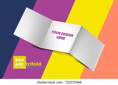 Empty (clear) white square trifold (tri fold) brochure mockup for your design laying down on colorful modern background with diagonal lines with shadow. Ready to use, easy to recolor. Vector
