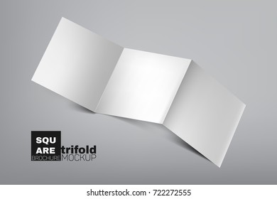 Empty, clear, white square trifold (tri fold), brochure mockup laying down on gray background with light and shadow effects. Vector illustration