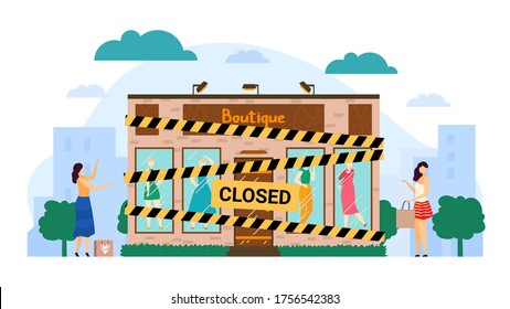 Empty closed bankrupted boutique vector illustration. Cartoon flat store building with yellow black bankrupt closing tape bankrupting in financial crisis, small business bankruptcy isolated on white