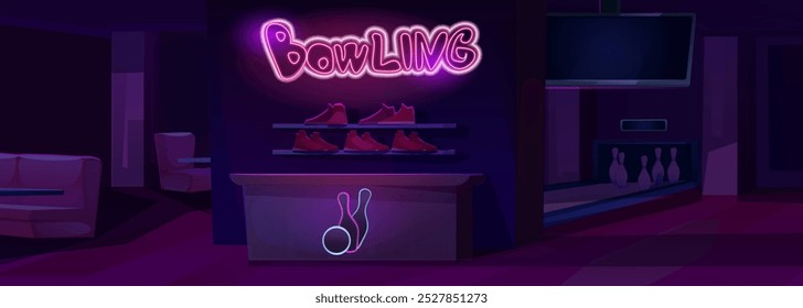 Leere geschlossene Bowling Club Interieur in der Nacht. Dunkles Indoor-Spielzentrum mit Neon-Glow-Zeichen und Spielerschuhen an der Wand, Gasse mit Kegelbahnen und Turnieranzeigetafel, Tische und Sofa für die Freizeit.