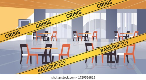 empty closed cafe with yellow bankruptcy crisis tape coronavirus pandemic quarantine covid-19 concept no people restaurant interior horizontal vector illustration