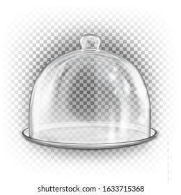 Empty closed glass round dome for presentation, exhibit, protection, hot food. Vector 3d illustration isolated on transparent background. Front view. Blank template, mock up.