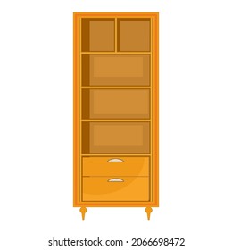 Empty closet isolated on white background. Brown wardrobe with shelves and drawers. Wooden furniture for clothes, goods or bedding. Cabinet, cupboard, chest or dresser icon. Stock vector illustration