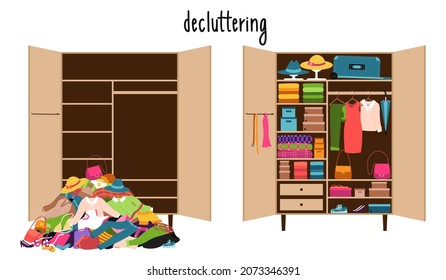 An empty closet and a pile of clothes and a closet with clothes neatly laid out on the shelves. Mess and order in wardrobe. Before and after cleaning, sorting things, cluttering. Vector illustration