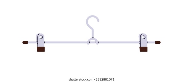 Empty clothes hanger with clips for skirts, pants. Garment, wardrobe accessory with metal clamps, steel hook for hanging apparel. Flat vector illustration isolated on white background