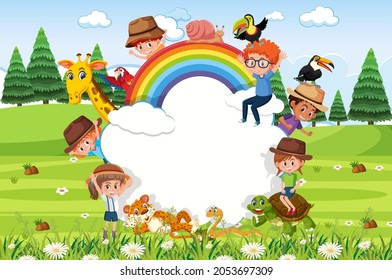 Empty cloud banner with kids and zoo animals in the park illustration