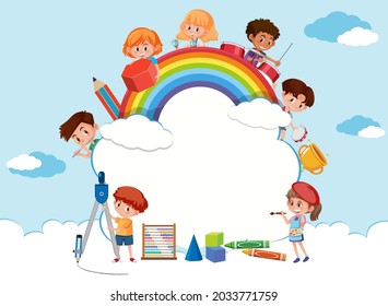 Empty cloud banner with school kids cartoon illustration