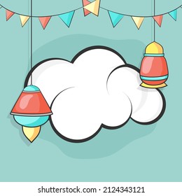 Empty Cloud Shape Frame With Hanging Lanterns And Bunting Flags On Blue Background For Islamic Festival Concept.