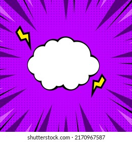 Empty Cloud Shape Frame With Lightning Bolts On Purple Rays Halftone Background.