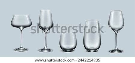 Empty cocktail drink glass transparent vector. Glassware cup set. Realistic isolated crystal clean 3d tableware object design mockup for restaurant. Blank champagne and martini beverage stemware
