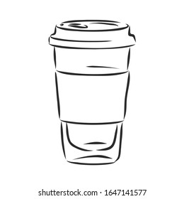 Empty coffee cup with a lid, vector sketch illustration 