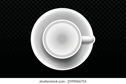 Empty coffee cup vector with a top view of a white cup and saucer on a dark checkered transparent background. 3D rendering and minimalist design, perfect for coffee mockups, elegant graphics, or vecto