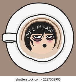 An Empty Coffee Cup With Young Woman's Tired Face In Bottom Of The Cup Concept Card Character illustration