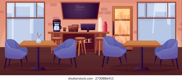 Empty coffee shop interior. Cozy cafe with chairs, bar stools, wooden desk with cashier machine. Place for meeting, dating, breakfast and drink beverages, nowaday vector scene