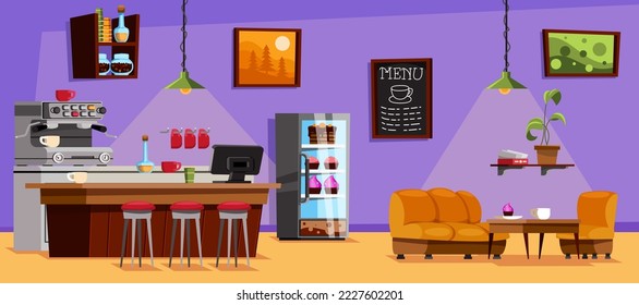 Empty coffee shop interior. Vector illustration of cafe room with modern furniture. Cartoon bar counter with coffee machine, table with chairs, dessert menu on wall. Bakery, restaurant concept