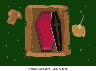An Empty Coffin Buried Down But Now Opened. Editable Clip Art.
