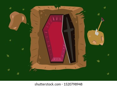 An empty coffin buried down but now opened. Editable Clip art.