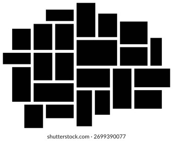 Empty Collage Photo frames. Mockup Frame layout for photo and brand grid with card illustration in black. Images portfolio presentation in different forms on wall. 