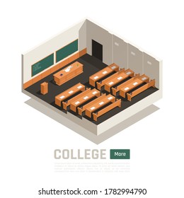 Empty college lecture hall with wooden desks table and two green boards 3d isometric vector illustration