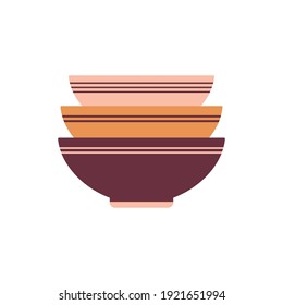 empty colored bowls isolated on white background, kitchen ceramic plates, vector illustration