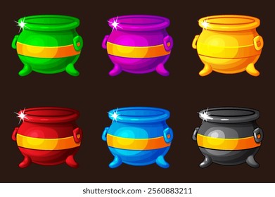 Empty colored cauldrons, traditional symbol of St Patrick Day or Halloween in cartoon style. Cauldrons icons for game icon, slot symbol, greeting card, sticker or print