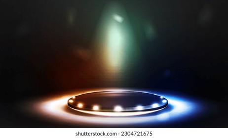 Podio de color vacío para presentación de productos con focos, 3d ilustración vectorial realista.