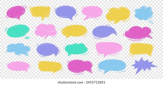 Empty colorful hand drawn grunge crayon, charcoal, chalk speech bubbles set in doodle style. Hand drawn crayon cloud message. Vector balloon speak sign dialog communication frame