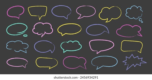 Empty colorful hand drawn grunge charcoal, chalk speech bubbles in doodle style isolated on black background. Balloon vector outline illustration for meme, poster, tag, banner, hashtag, dialogue