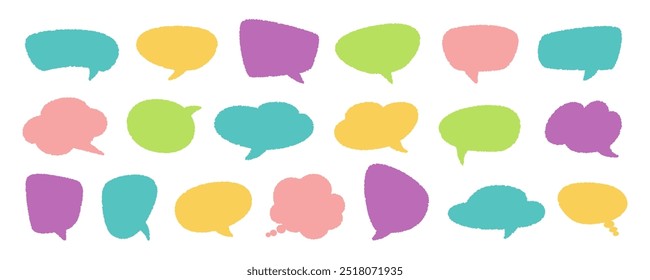 Empty colorful hand drawn grunge crayon, charcoal, chalk speech bubbles set in doodle style. Hand drawn crayon cloud message. Vector balloon speak sign dialog communication frame