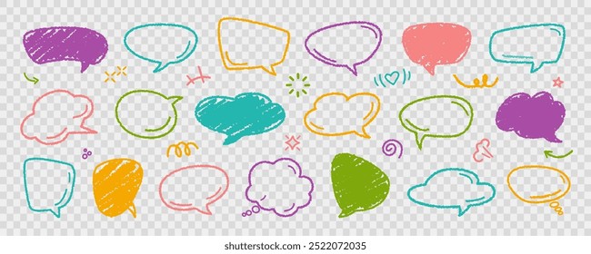Empty colorful hand drawn grunge crayon, charcoal, chalk speech bubbles set in doodle style. Hand drawn crayon cloud message. Vector balloon speak sign dialog communication frame